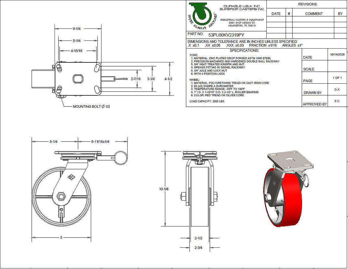 wbSwivel 8" Caster Single 2.5" Heavy Duty with Plate and Spring Pin Lock
